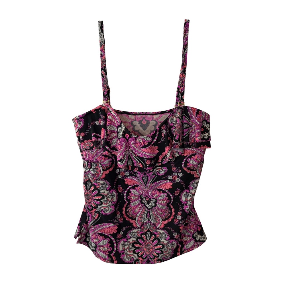 Island Waves Pink Black Paisley Ruffle Tankini Swim Top Adjustable Straps
